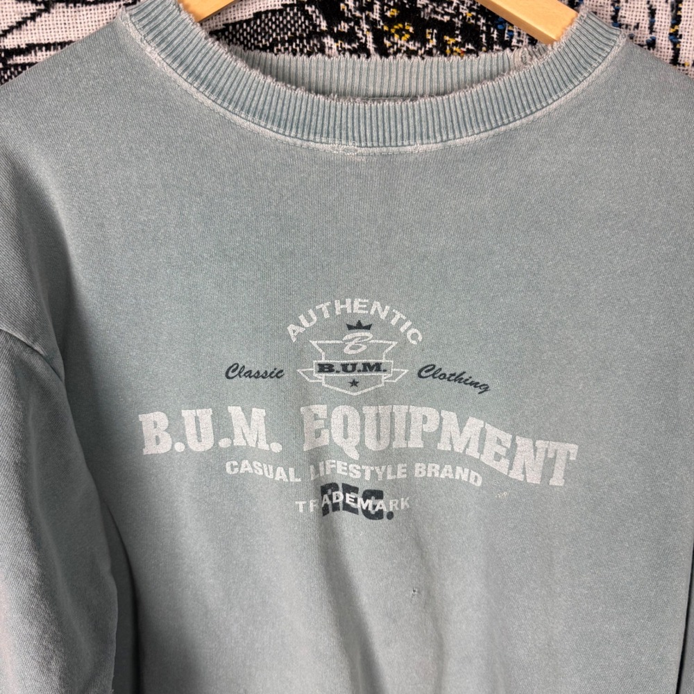 Vintage B.U.M. Equipment Sweatshirt Blue Distressed Graphic Crewneck Mens Medium